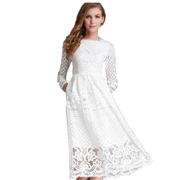 Autumn New Women&#039;s Clothing Dress Round Neck Hollow Simple Lace Long Sleeve Slim Midi Dress