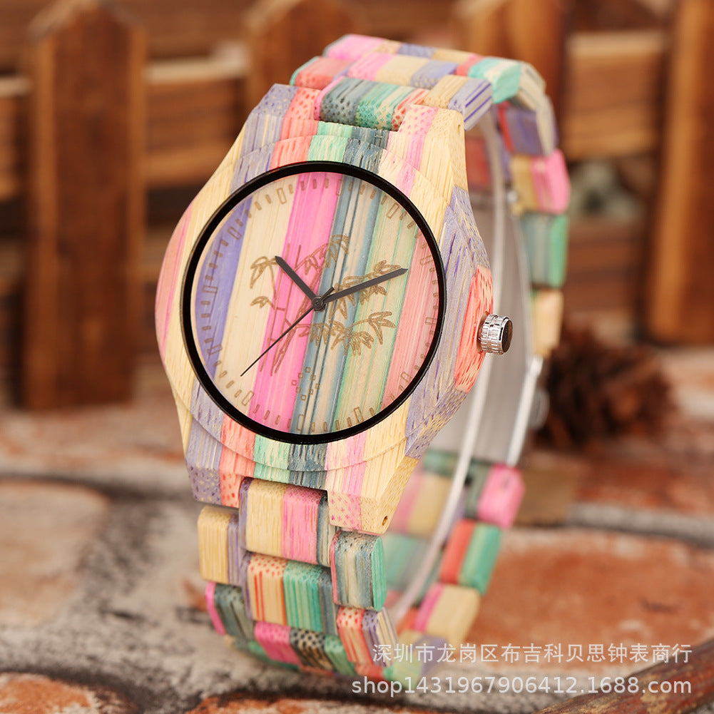 Couple Watch Creative Fashion Colorful Bamboo Wood Carving Surface Male And Female Couple Quartz Wooden Watch