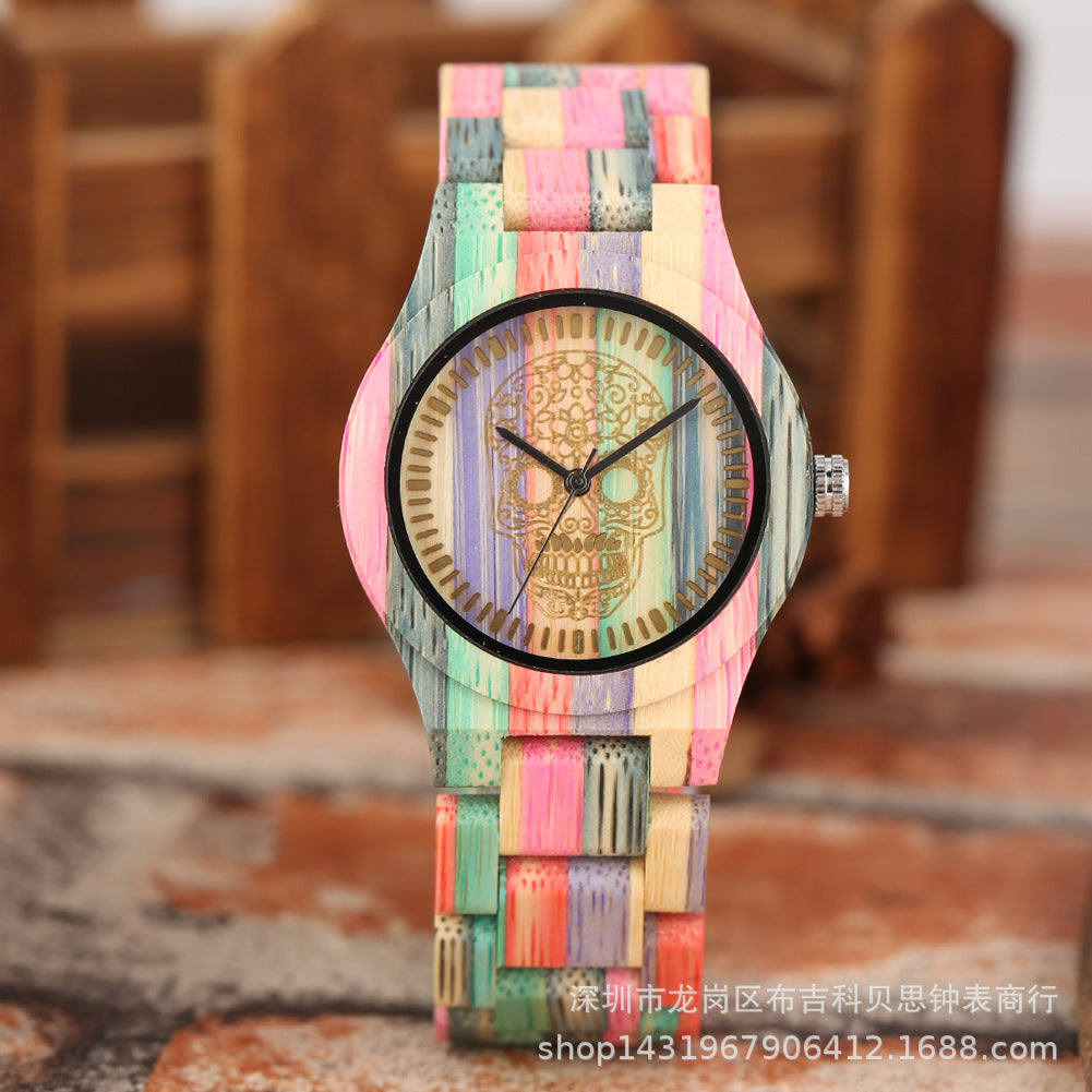 Couple Watch Creative Fashion Colorful Bamboo Wood Carving Surface Male And Female Couple Quartz Wooden Watch