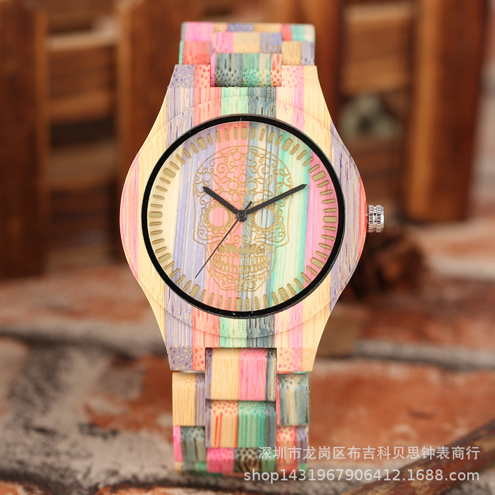 Couple Watch Creative Fashion Colorful Bamboo Wood Carving Surface Male And Female Couple Quartz Wooden Watch