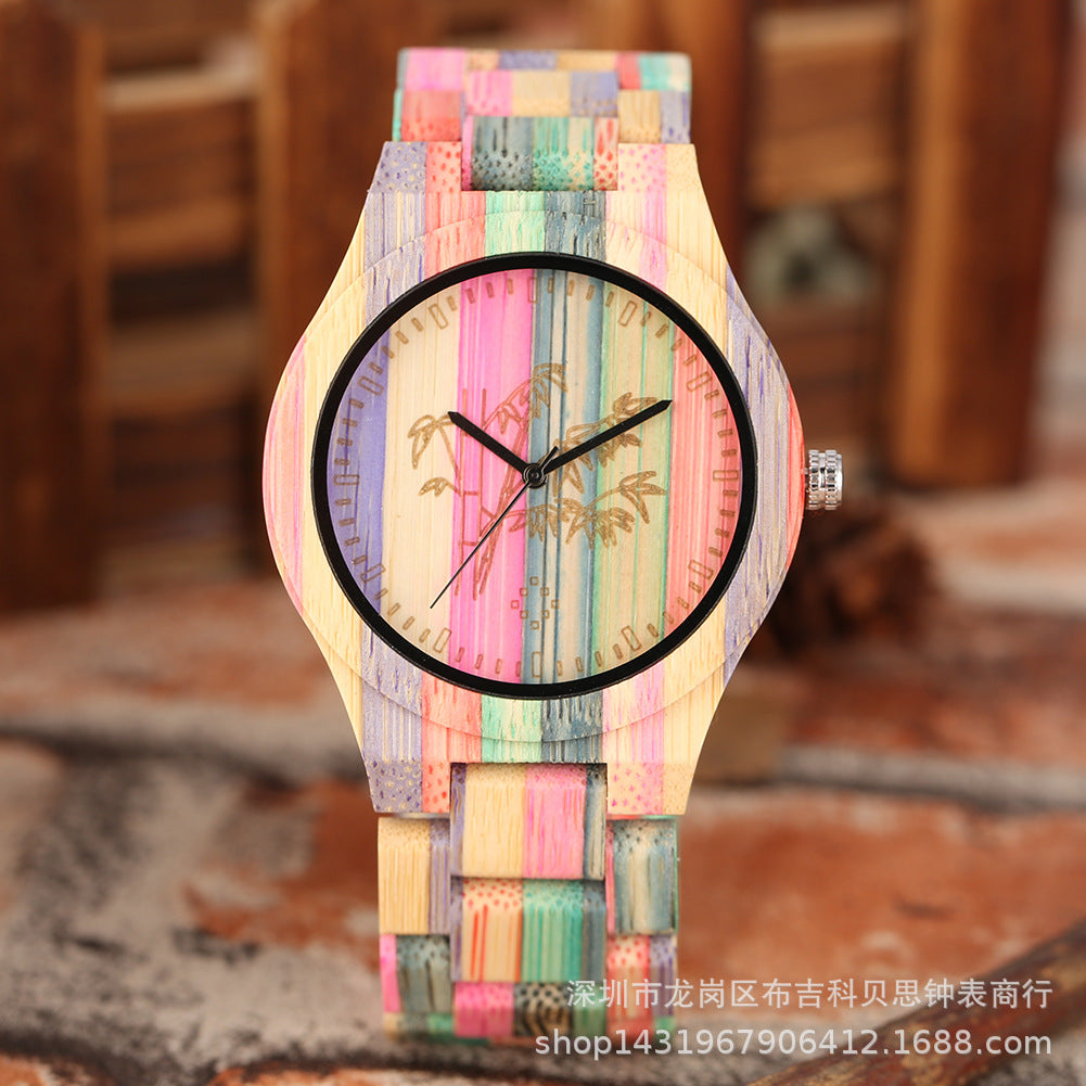 Couple Watch Creative Fashion Colorful Bamboo Wood Carving Surface Male And Female Couple Quartz Wooden Watch