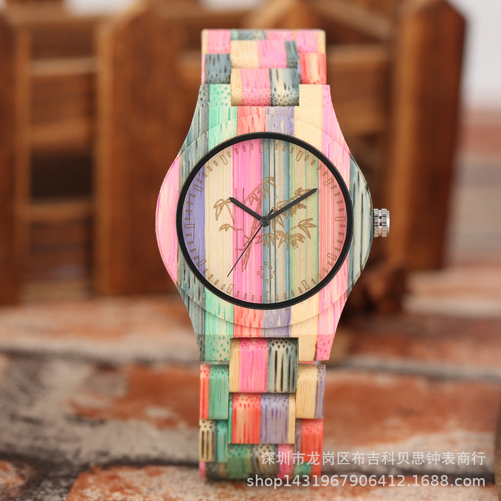 Couple Watch Creative Fashion Colorful Bamboo Wood Carving Surface Male And Female Couple Quartz Wooden Watch