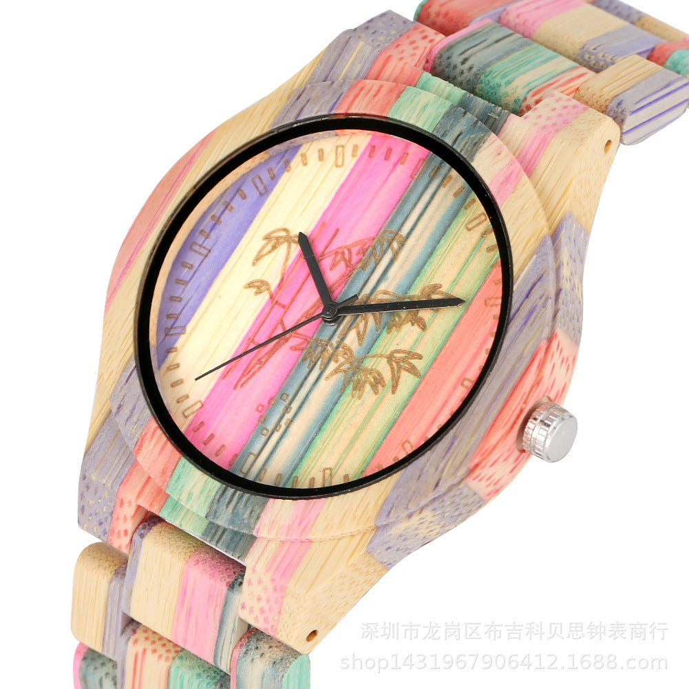 Couple Watch Creative Fashion Colorful Bamboo Wood Carving Surface Male And Female Couple Quartz Wooden Watch