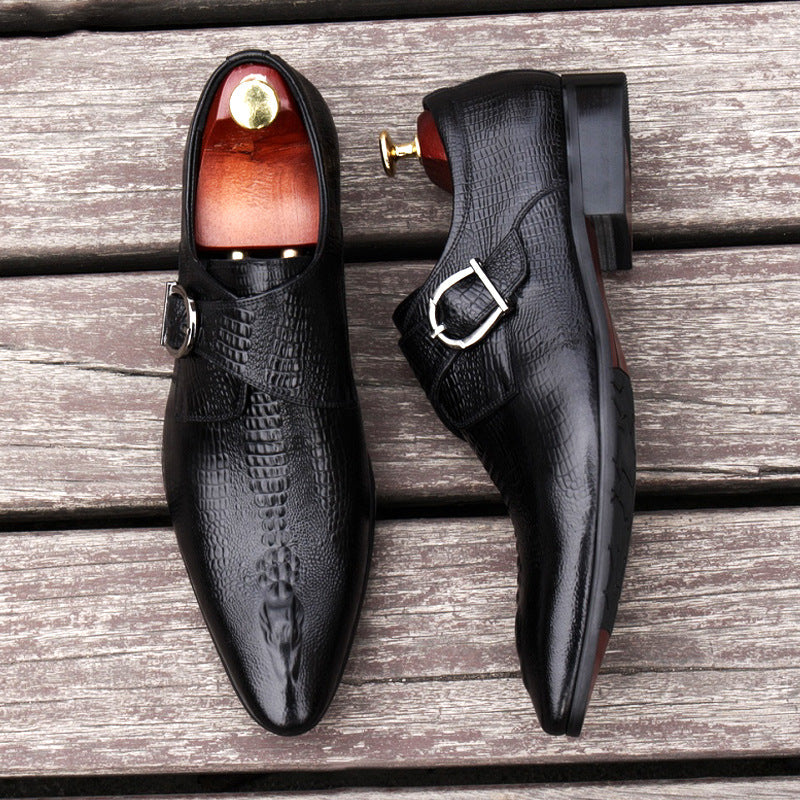 Trendy Business Dress Shoes Men&#039;s British Korean-style Crocodile Buckle Wedding Mengke Shoes Wine Red