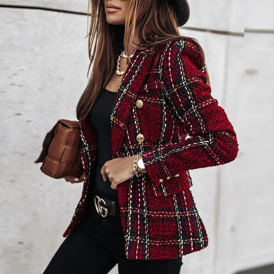 Winter Plaid Printed Single-breasted Short Suit Jacket For Women