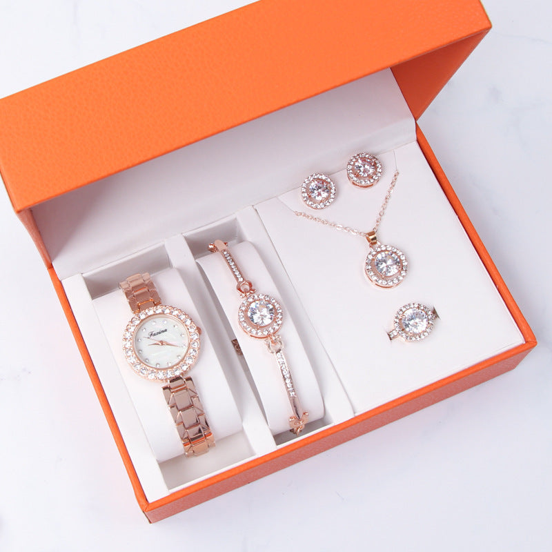 Five-piece Set Vibrato Live Diamond-encrusted Fashion Trend Quartz Watch Watch Set