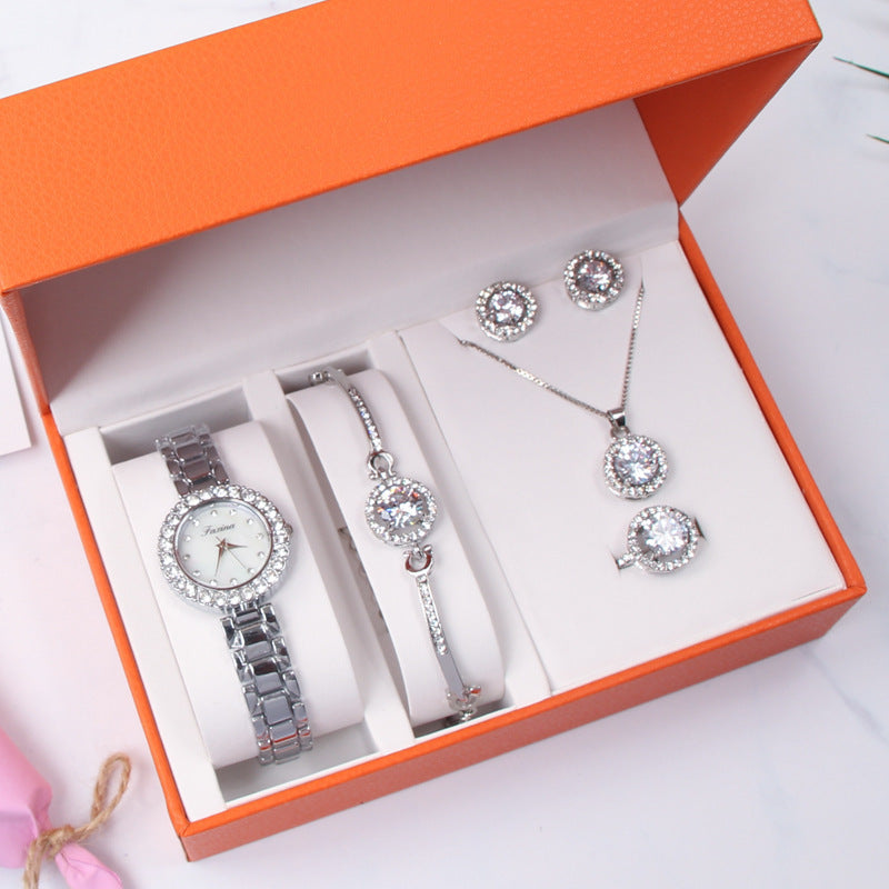 Five-piece Set Vibrato Live Diamond-encrusted Fashion Trend Quartz Watch Watch Set