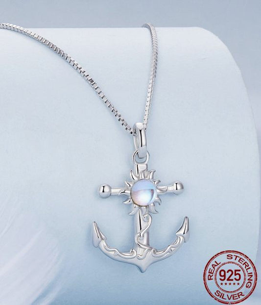 S925 Sterling Silver Plated Platinum Ship Anchor Necklace