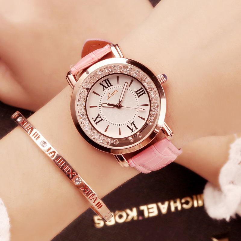 Women Watch Flowing Rhinestone Fashion Pu Leather Lady