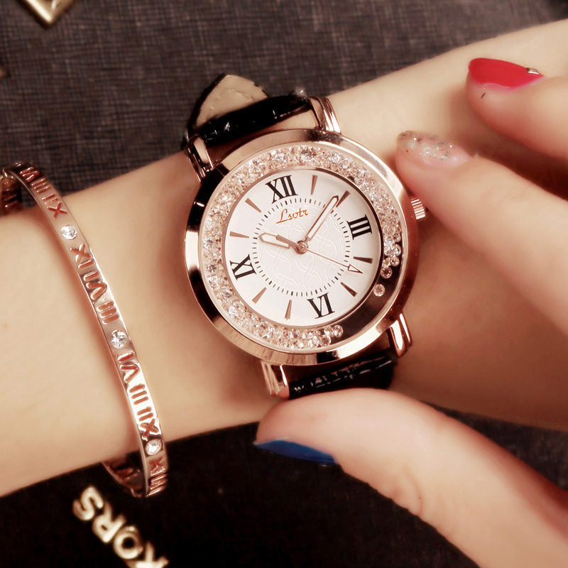 Women Watch Flowing Rhinestone Fashion Pu Leather Lady