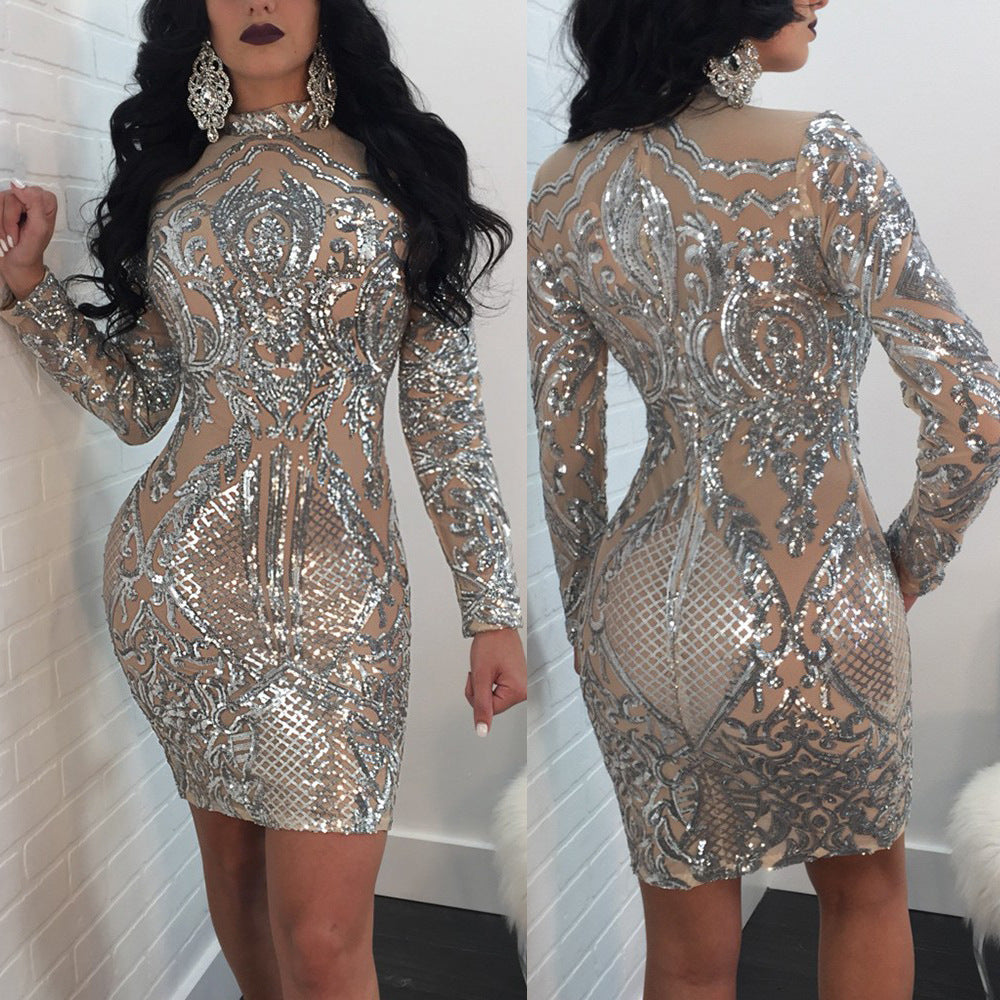 Nightclub Sexy Sequins Long Sleeve Dress Women