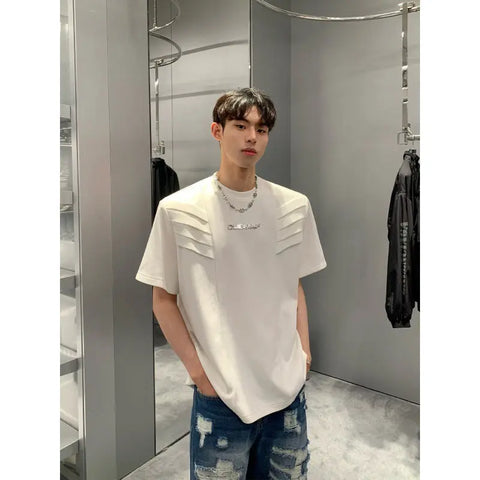 American Heavy Half Original Design Sense T-shirt Men's Summer Multi-level Structure Shoulder Pad Short Sleeve European And American High Street