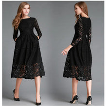 Autumn New Women's Clothing Dress Round Neck Hollow Simple Lace Long Sleeve Slim Midi Dress