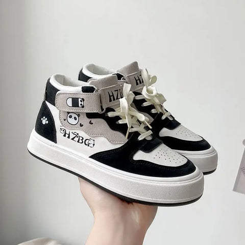 Black And White High-top Shoes 2024 New White Shoes Women's Shoes Cute Student Sports Casual Board Shoes National Fashion Women's All-match