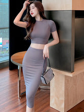 Casual, Fashionable And Sexy Round-neck Short T-shirt Top + High-waist Slimming Butt-covering Half-length Skirt Two-piece Suit