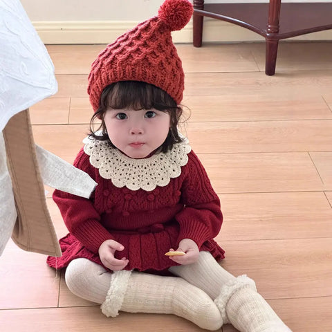 Cutemily Autumn And Winter Christmas Ins Baby Girl's Hand Hook Ball Crewneck Pullover Sweater Women's Treasure New Year Hollow Sweater