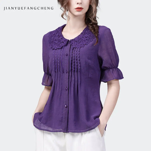 European Station 2024 Summer Chiffon Shirt Tops Women's Thin Short-sleeved Lace Collar Flesh-covering Bottoming Shirt Chic Shirt