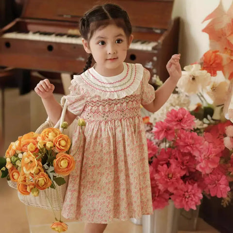 Girls' Dress Pastoral Style Pure Cotton Class A Short-sleeved Children's Skirt Baby's Summer Embroidered Princess Skirt Cross-border Skirt