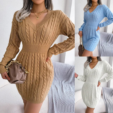 Ins Style Real Shot Autumn And Winter European And American Fashion Waist Twist Hip Dress Sweater Dress Amazon Cross-border Women's Clothing