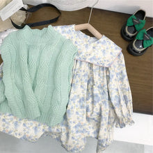 Korean Style Children's Clothing New Girls' Autumn Clothing Suit Little Girl Western Style Floral Long Sleeve Dress Knitted Vest Foreign Trade