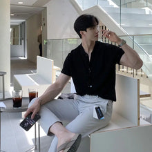 Korean Style Shirt Short-sleeved Summer New Casual Black Button Lapel Shirt Men's Slim-fit Knitted T-shirt