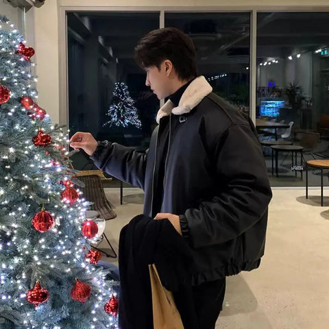 Lamb Wool Lapel Men's Trendy Brand Pi Shuai PU Leather Down Jacket 2024 New Winter American Bread Coat Work Jacket