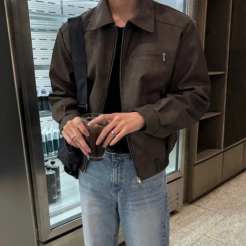 MYQ American Style Retro Short Leather Jacket Men's Autumn Loose Lapel Leather Jacket Korean Fashionable Ripper Handsome Biker Suit