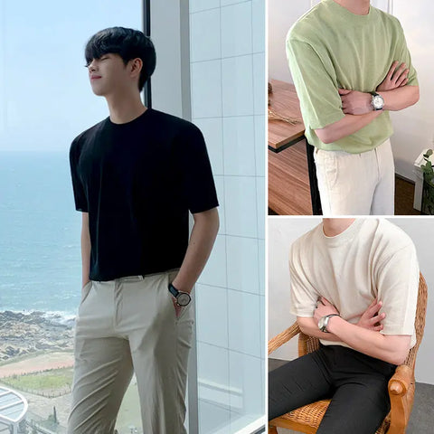 MYQ Men's Summer Short-sleeved T-shirt Korean Slim-fit Round Neck Solid Color Knit T-shirt All-match Trendy Half-sleeved T-shirt