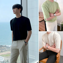 MYQ Men's Summer Short-sleeved T-shirt Korean Slim-fit Round Neck Solid Color Knit T-shirt All-match Trendy Half-sleeved T-shirt