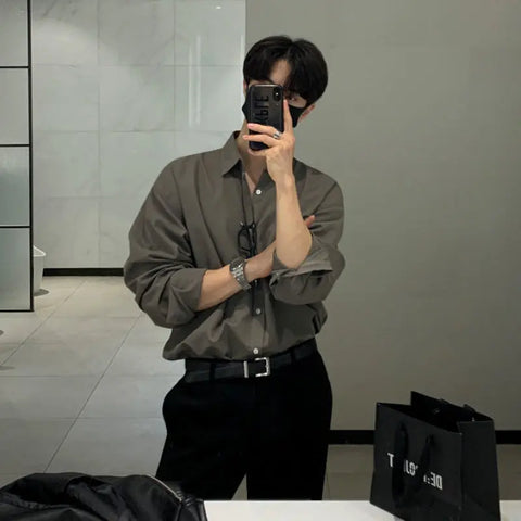 MYQ Shirt Long Sleeve Men's Autumn Loose Korean Style High-grade Shirt Light Mature Style Casual Solid Color Shirt