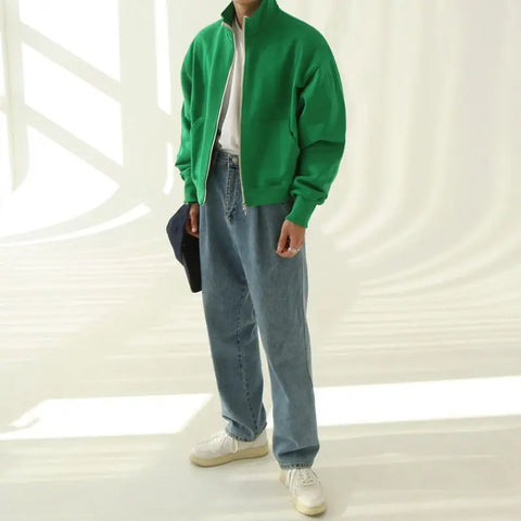 MYQ Solid Color Cardigan Sweater Men's Spring New Stand Collar Coat Korean Style Loose Casual Cotton Top