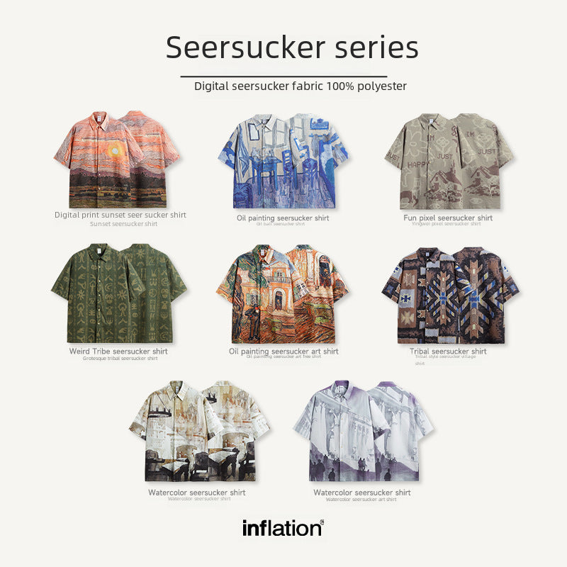 Watercolor Seersucker Shirt 2024 Spring And Summer New Street Fashion Brand Loose Men&#039;s Short Sleeve Shirt