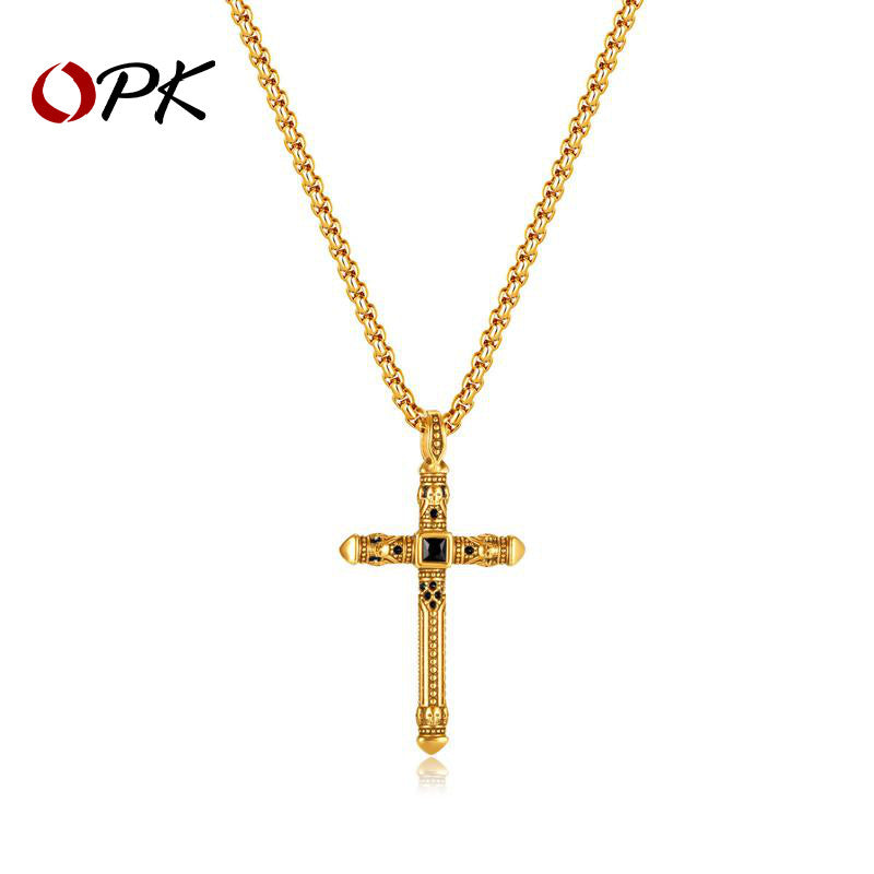 OPK Jewelry Wholesale Cross-border Retro Cross Titanium Steel Pendant European And American Personality Stainless Steel Punk Style Necklace Men