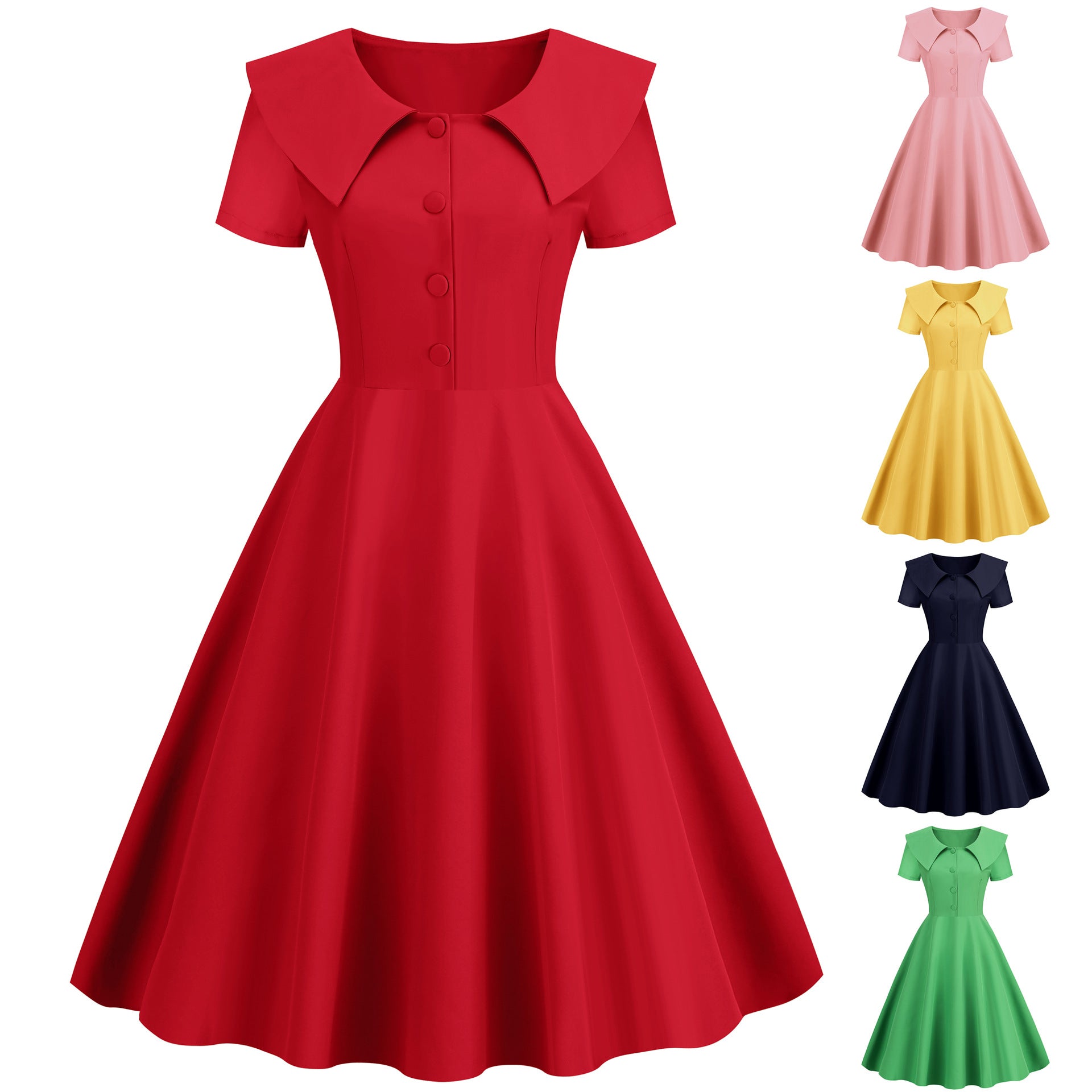 Women&#039;s Independent Station European And American Temperament Retro Dress Lapel Short-sleeved Slim-fit Pure Color A- Line Dress