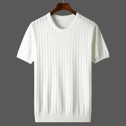 New Summer Hollow Ice Silk Knitted Men&#039;s Short Sleeve T-shirt Thin Plus Size Trendy Breathable Round Neck Half Sleeve