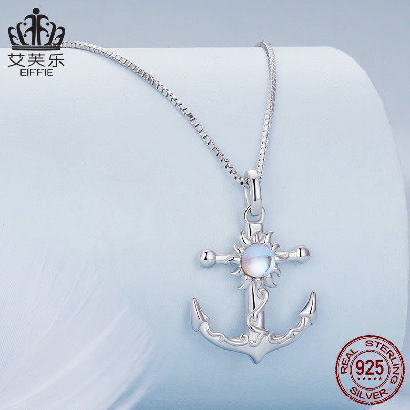 S925 Sterling Silver Plated Platinum Ship Anchor Necklace