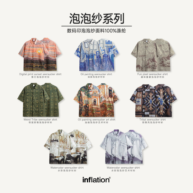 Subordinate Style Seersucker Shirt 2024 Spring And Summer New Street Fashion Brand Loose Men&#039;s Short Sleeve Lining