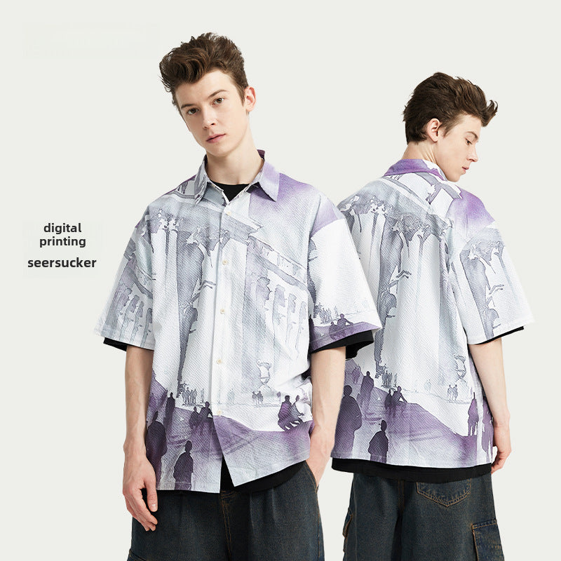 Watercolor Seersucker Art Shirt 2024 Spring And Summer New Street Fashion Brand Loose Men&#039;s Short Sleeve