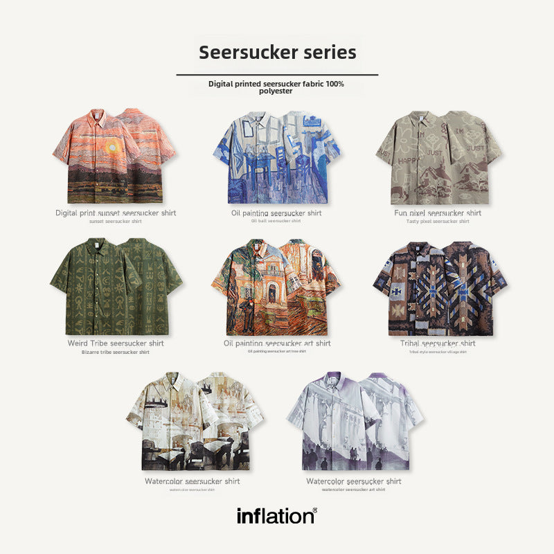 Watercolor Seersucker Art Shirt 2024 Spring And Summer New Street Fashion Brand Loose Men&#039;s Short Sleeve