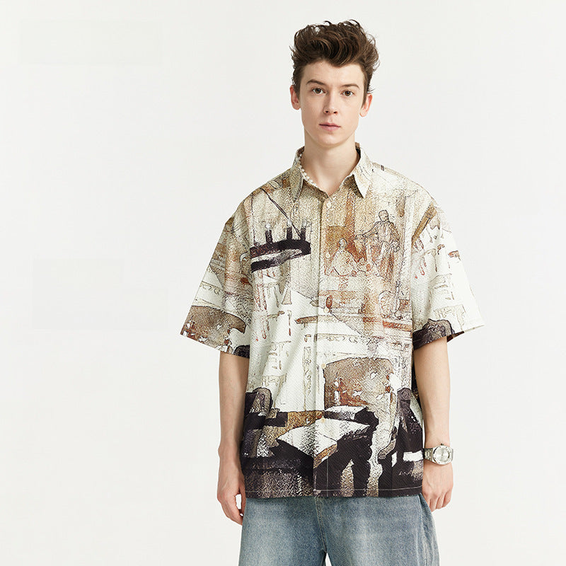 Watercolor Seersucker Shirt 2024 Spring And Summer New Street Fashion Brand Loose Men&#039;s Short Sleeve Shirt