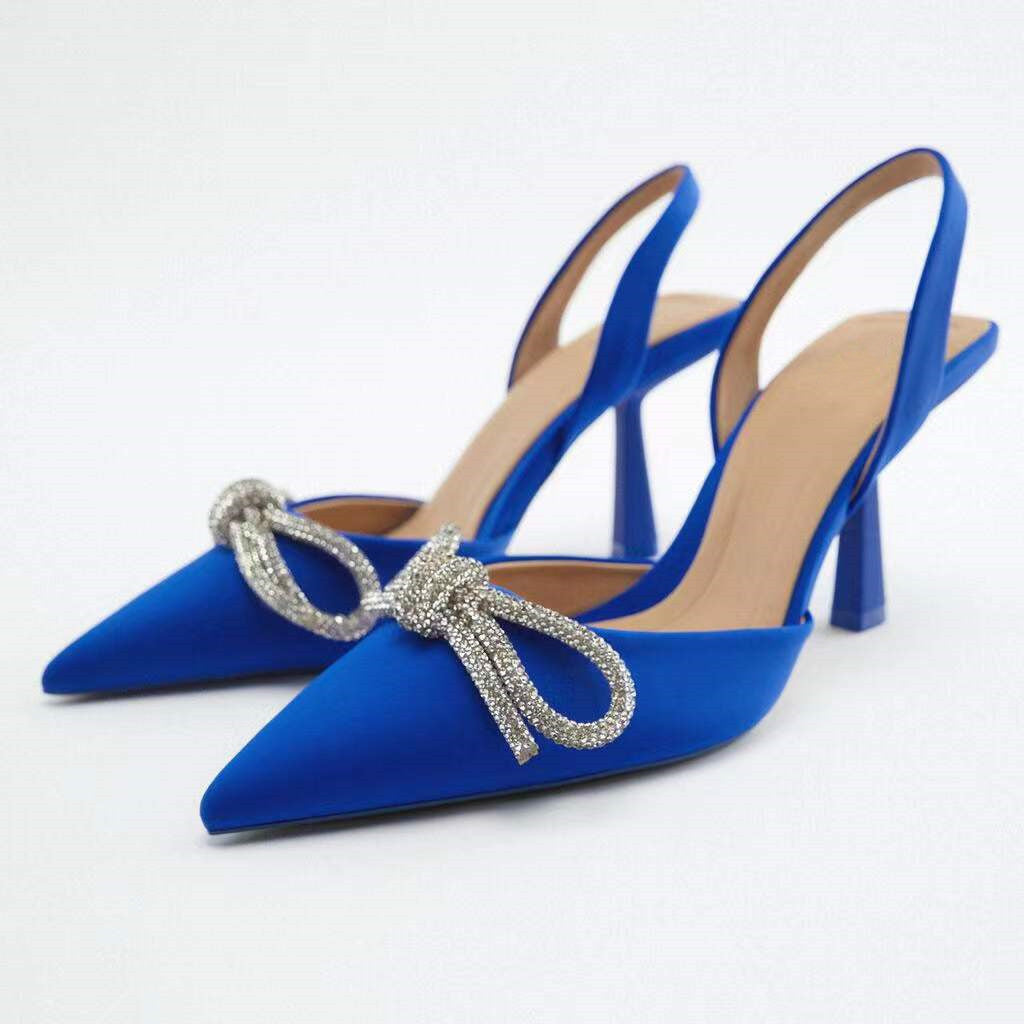 Summer New Women&#039;s Shoes Blue Rhinestone Bow High Heel Fine Heel Baotou Sandals Women&#039;s Large Size