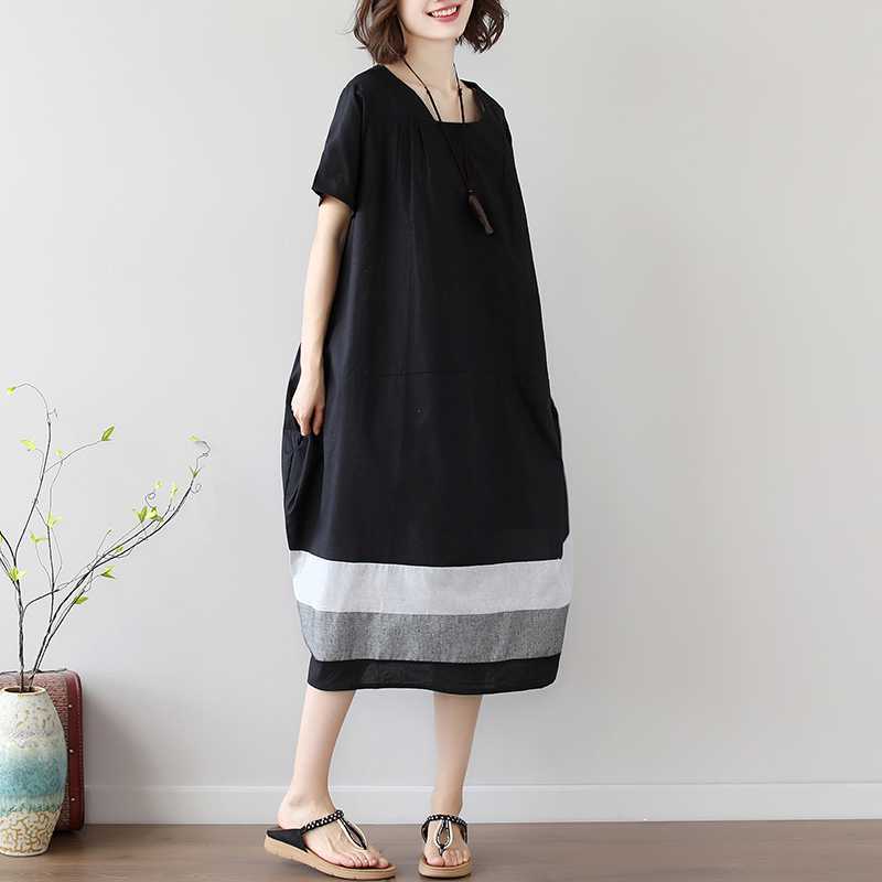 Real Shot 2024 Chubby Girl Plus Size Women&#039;s Summer New Korean Version Of Dress Cotton And Linen Short Sleeve Loose Long Skirt Women