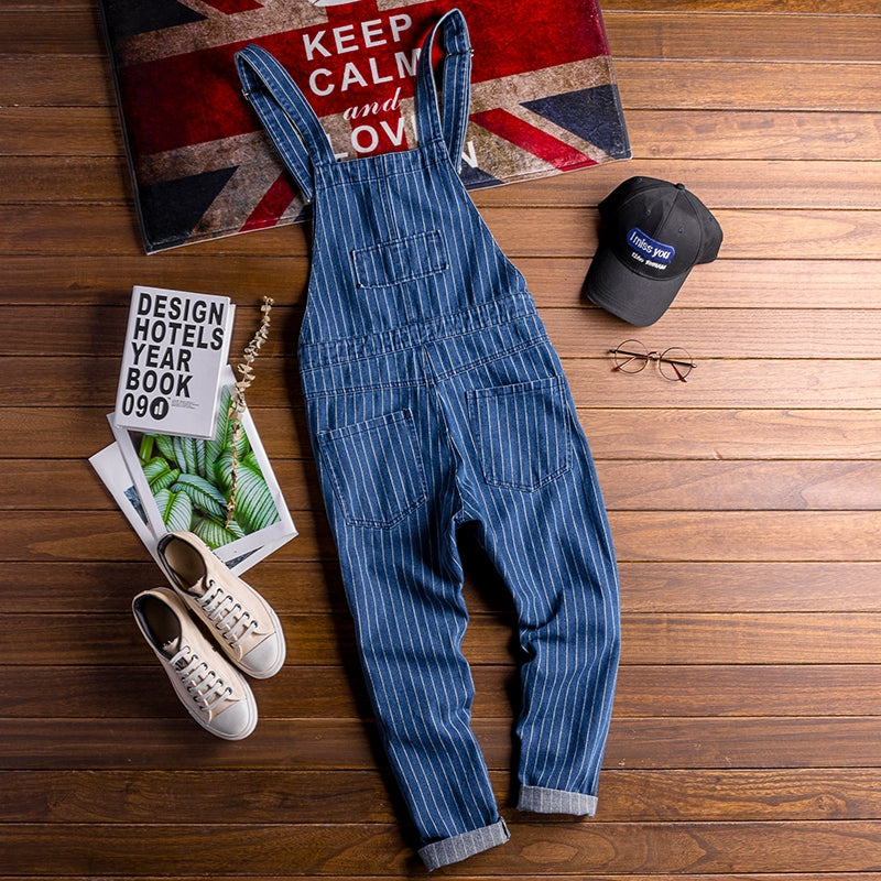 American Retro Workwear Denim Overalls For Men, Trendy Straight-leg Loose Jumpsuits For Men, Youth Striped Overalls