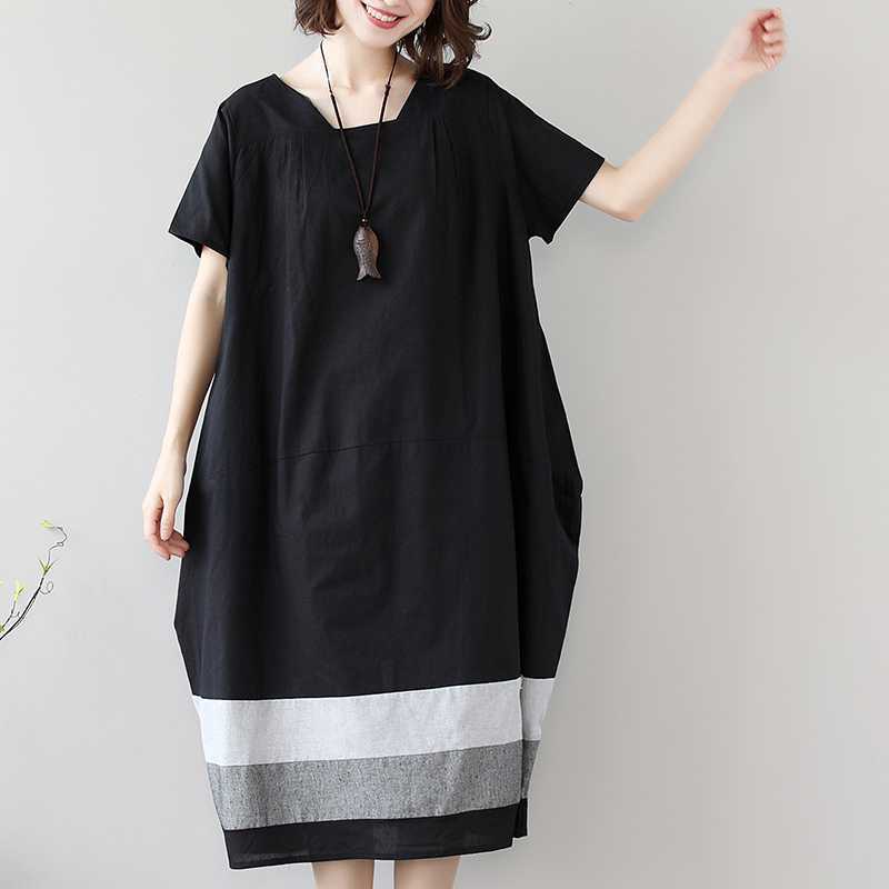 Real Shot 2024 Chubby Girl Plus Size Women&#039;s Summer New Korean Version Of Dress Cotton And Linen Short Sleeve Loose Long Skirt Women