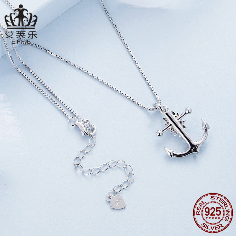 S925 Sterling Silver Plated Platinum Ship Anchor Necklace