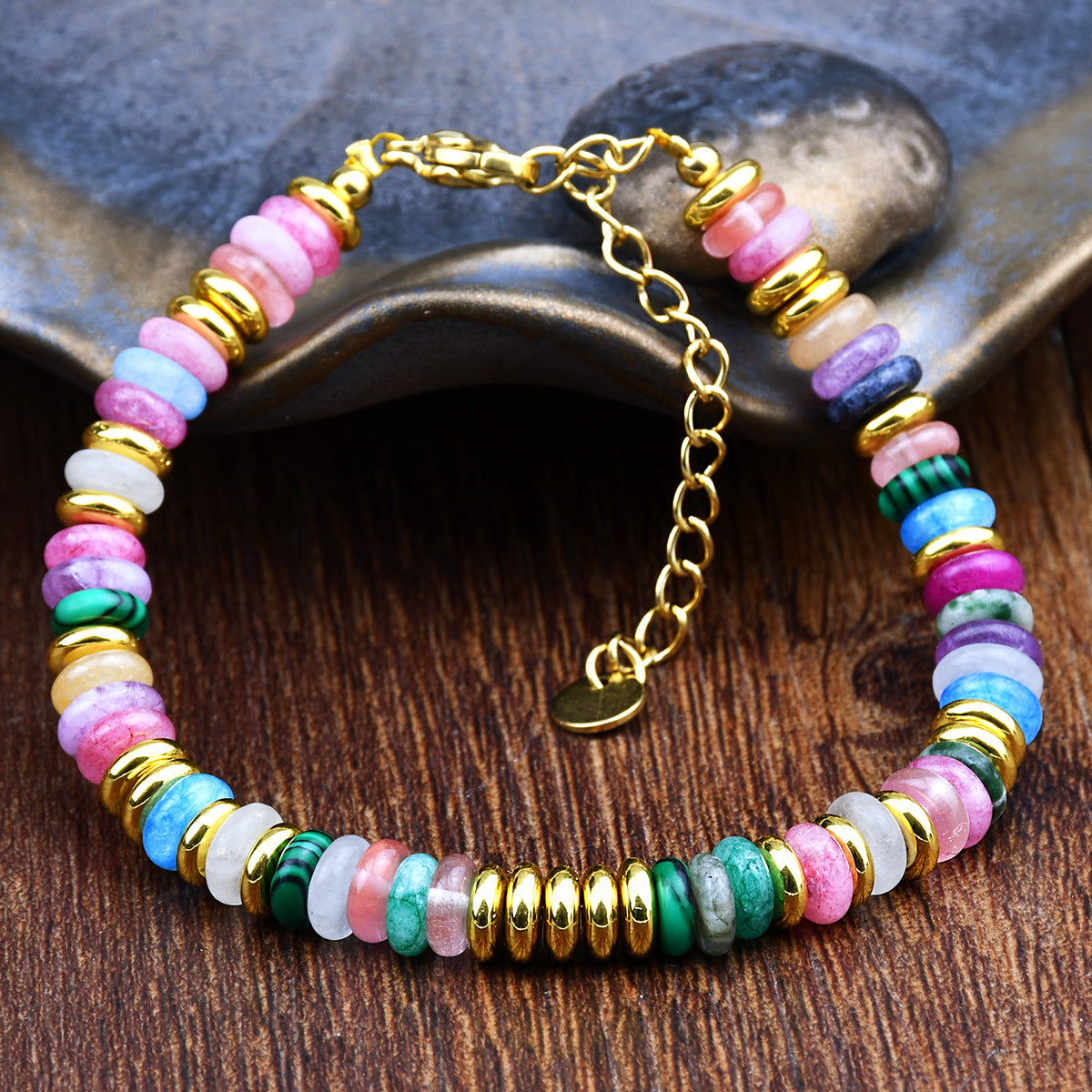 Temu Dopamine Color Frisbee Beaded Bracelet Female Minority High Sense Does Not Fade Natural Stone Crystal Bracelet