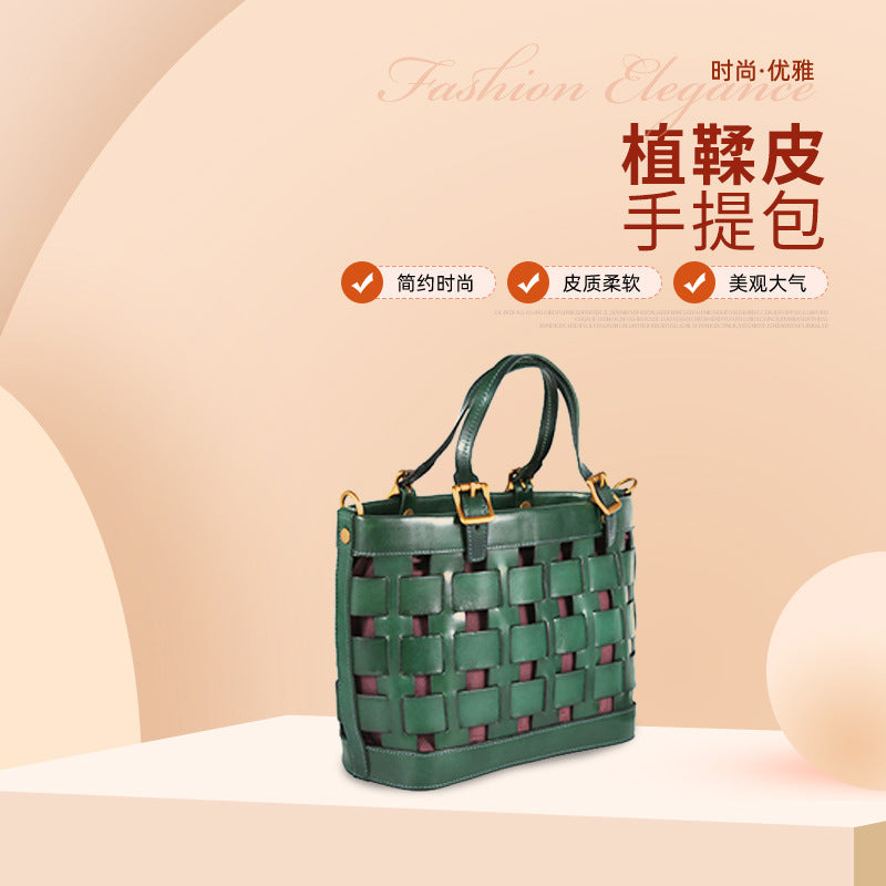 First Layer Vegetable Tanned Leather Handmade Woven Bag Artistic Vintage Cowhide Women&#039;s Bag Fashionable Shoulder Vegetable Basket Handbag