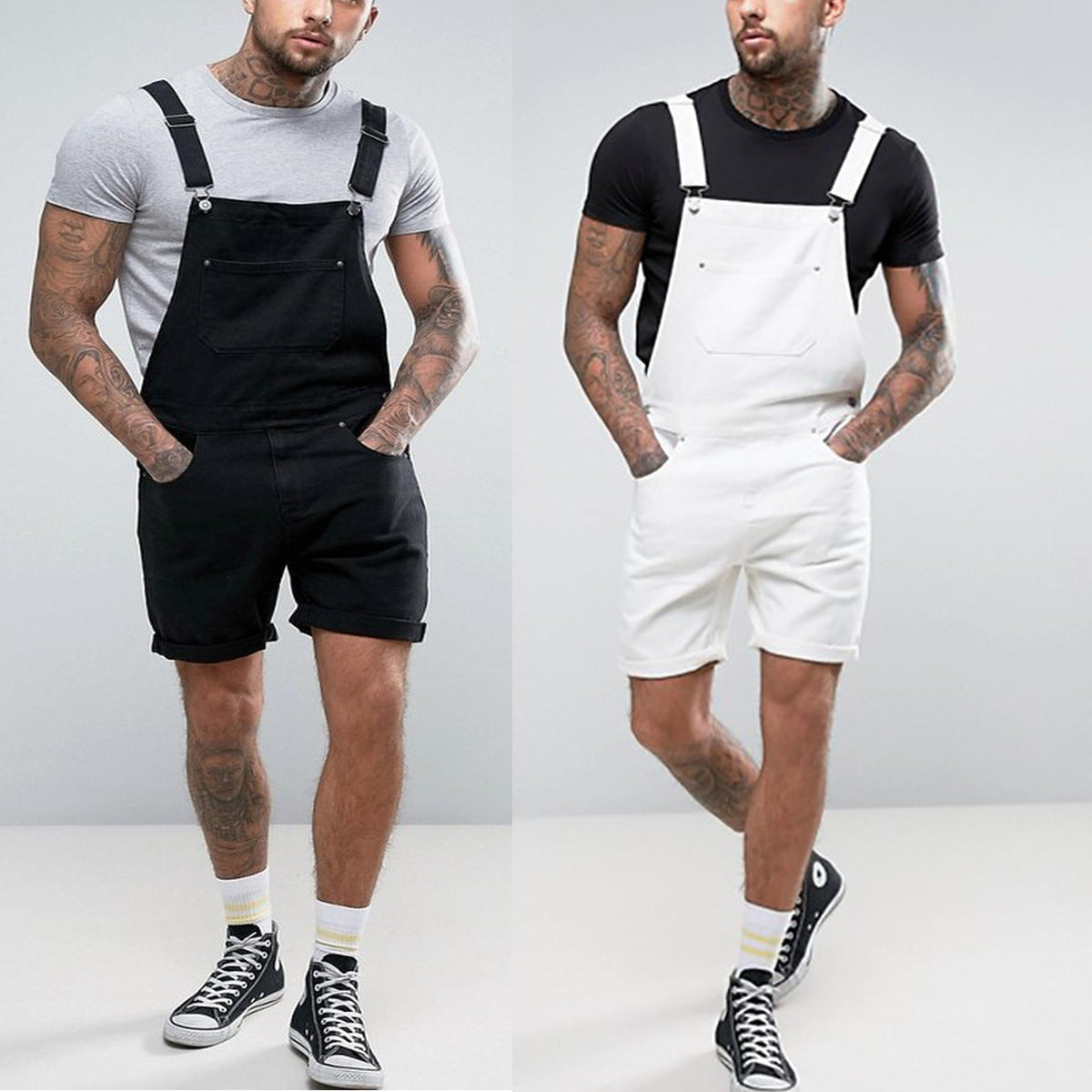 wish Retro Men&#039;s Denim White Rim Shorts One-piece Overalls