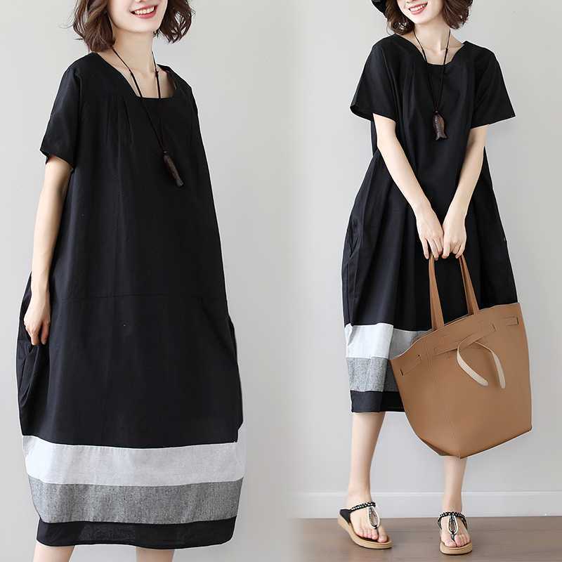 Real Shot 2024 Chubby Girl Plus Size Women&#039;s Summer New Korean Version Of Dress Cotton And Linen Short Sleeve Loose Long Skirt Women