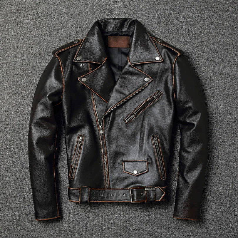 Harley Genuine Leather Jacket For Men, Autumn Short Lapel, Retro Distressed First-layer Cowhide Motorcycle Jacket, Trendy Jacket